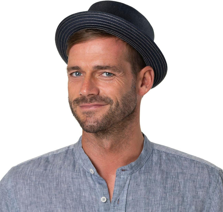 Stetson Classic Pork Pie Denim Hut - Einfarbiger Hut - Rund & flach - Mehrfarbig mit Logo - Made in