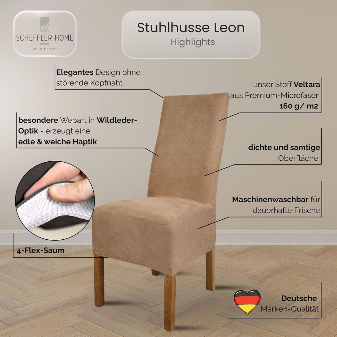 SCHEFFLER-Home Stuhlhussen 4er Set Leon Beige/elastische Wildleder Hussen für Stühle/Robustes Freisc