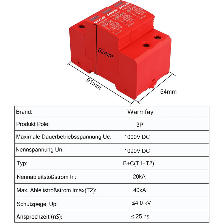 Warmfay Überspannungsschutz PV B+C (T1+T2) 3P 20-40KA, 1000V DC Photovoltaic Lightning Protector Nie
