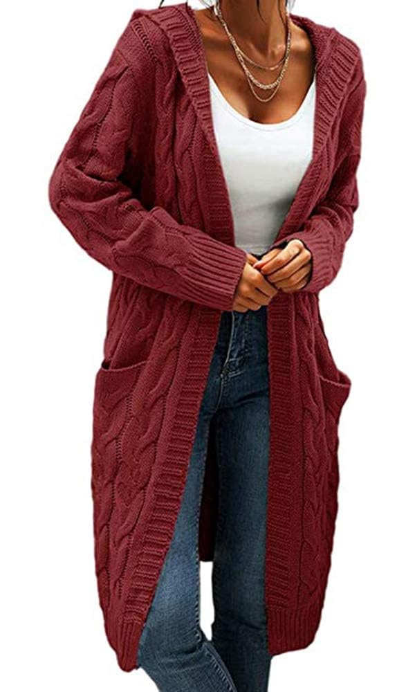 GeGekoko Strickjacke Damen mit Kapuze Langarm Grobstrick-Cardigan Open Front Sweater Herbst Winter C