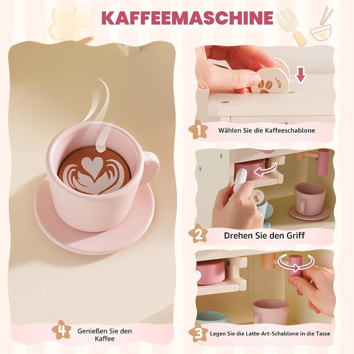 ROBUD Kinder Spielküche aus Holz, Kinder Spielzeugküche Spielset mit Brotmaschine, Ofen mit Kuchen,