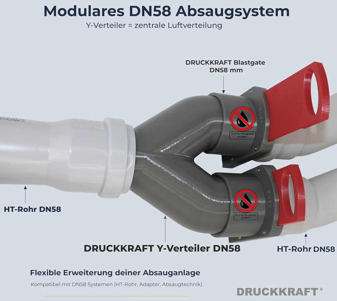 DRUCKKRAFT Y-Verteiler DN58 auf 2× DN58 | 2-Wege Rohrverteiler für Werkstatt Absaugung | Industriest