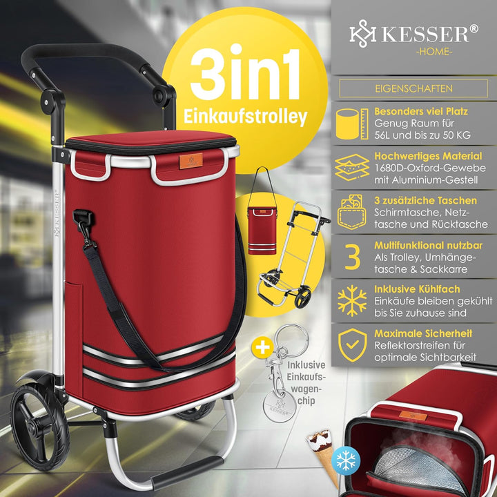 KESSER® Einkaufstrolley klappbar mit 56L Kapazität und belastbar bis 50kg | 3in1 Trolley Sackkarre &