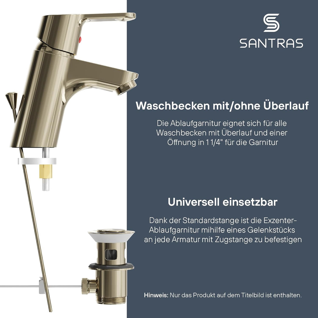SANTRAS® Exzenter Ablaufgarnitur PREMIUM für Waschtisch mit Schutz vor Überlauf in Edelmessing – Kom