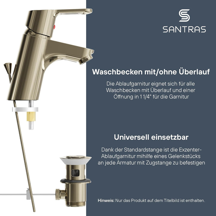 SANTRAS® Exzenter Ablaufgarnitur PREMIUM für Waschtisch mit Schutz vor Überlauf in Edelmessing – Kom
