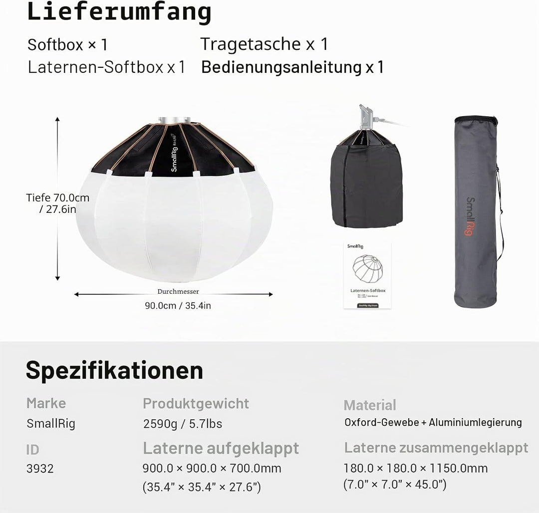 SMALLRIG Laterne Softbox 90cm/35.4", Bowens Mount Softbox mit Klettverschluss Typ Flexible Barndoor
