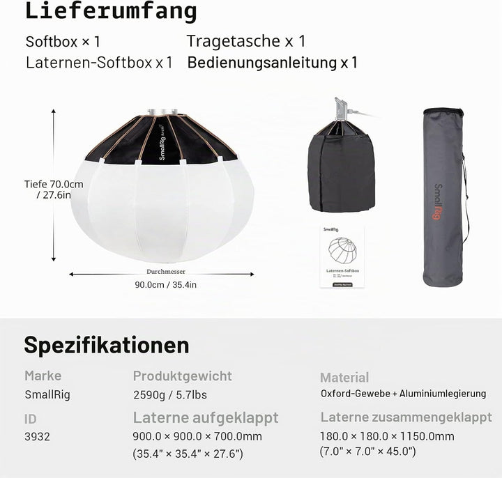 SMALLRIG Laterne Softbox 90cm/35.4", Bowens Mount Softbox mit Klettverschluss Typ Flexible Barndoor