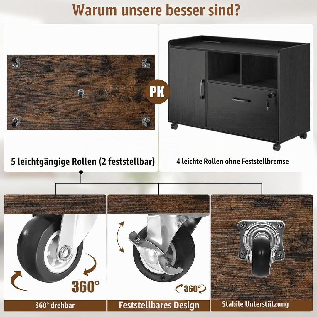 GIANTEX Rollcontainer mit 5 Schubladen &amp; Schrank, Aktenschrank mit Rollen, Schubladenschrank Holz, D