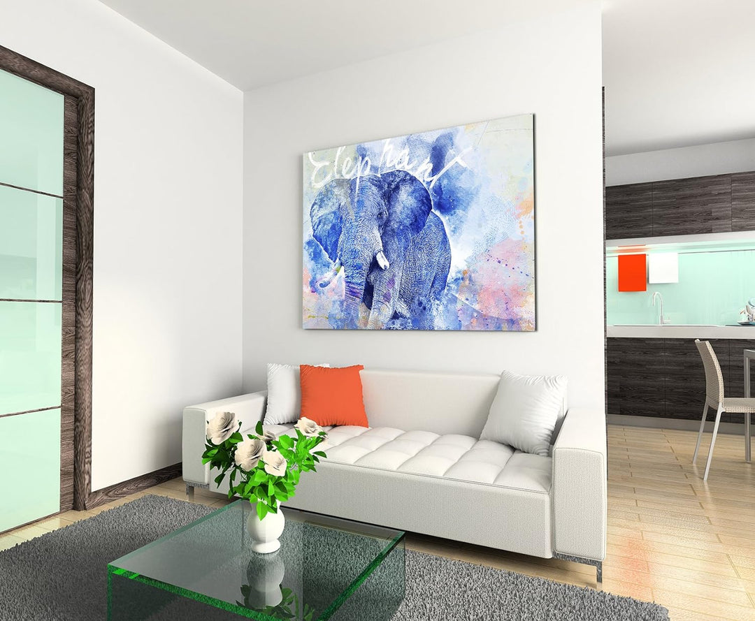 Paul Sinus Art Bild Leinwand 120x80cm Grosser Elefant in Blautönen mit Kalligraphie, 120x80cm
