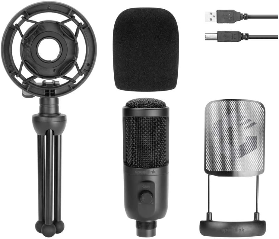 Speedlink AUDIS PRO Desktop Streaming Microphone – Stream Mikrofon mit Ständer und Shock-Mount – Plu