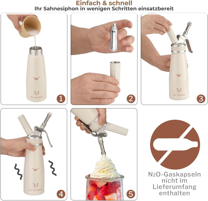SO'MAISON Siphon Chantilly, 500 ml, cremefarbenes Vintage-Design, Rezeptbuch zum Nachfüllen – Siphon