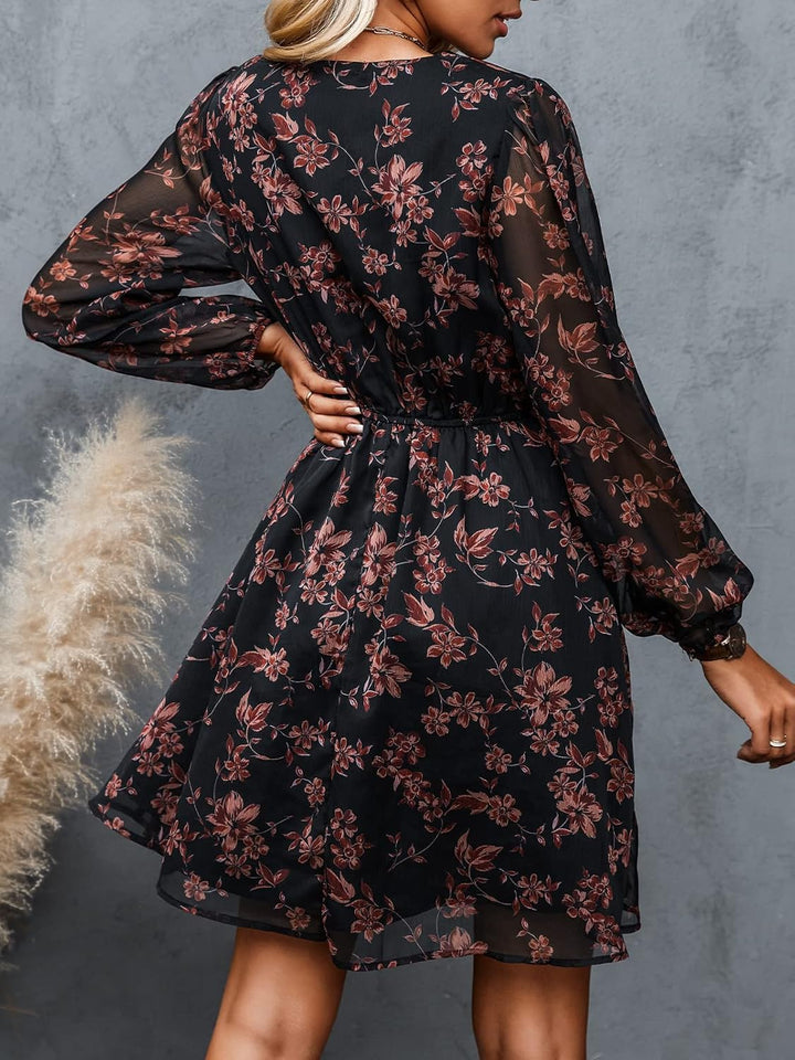 CUPSHE Damen Kleid V Ausschnitt Wickeloptik Transparente Lange Ärmel Blumenmuster Freizeitkleider Wr