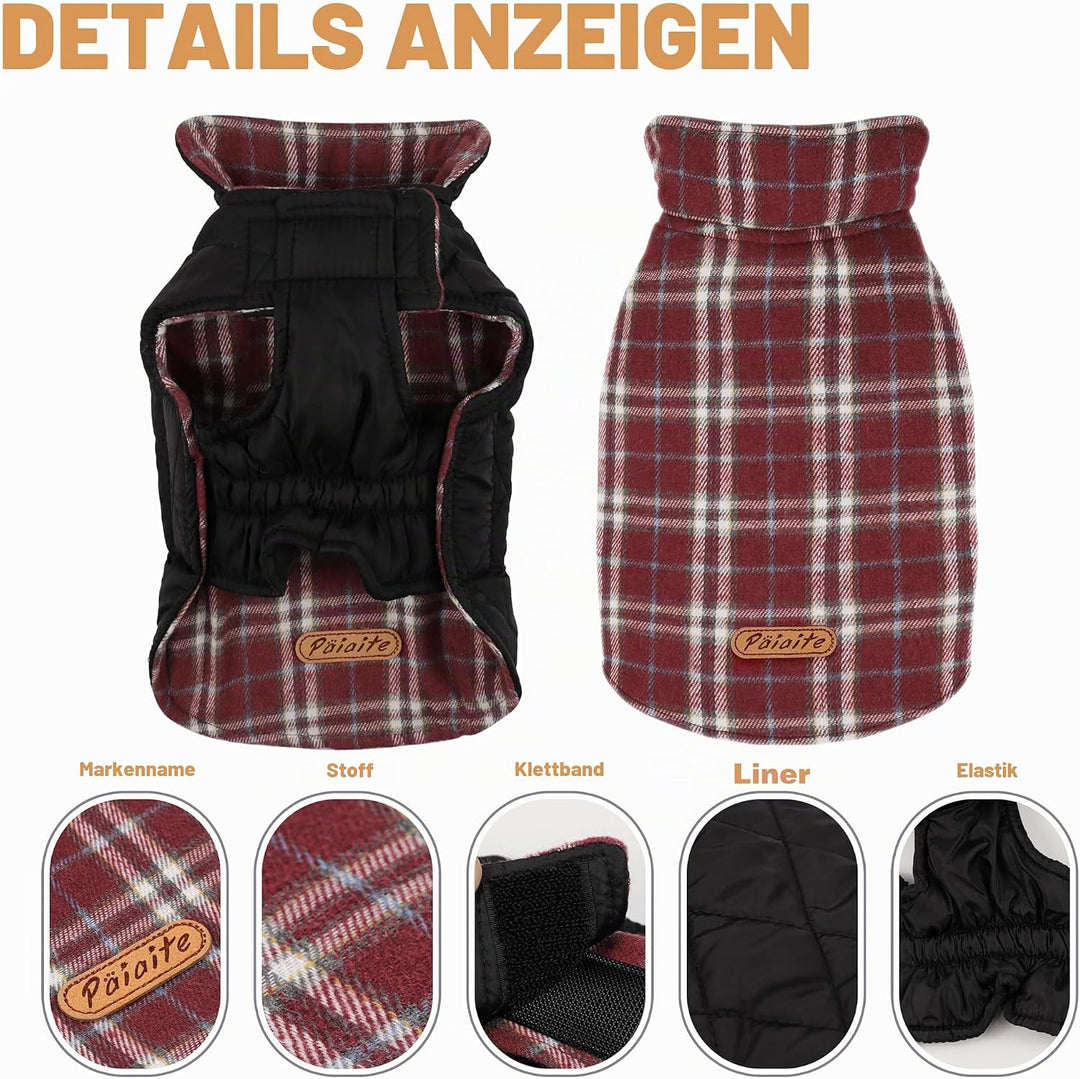 Wendbarer Warmer Hundemantel mit Klettverschlüssen: britischer Stil, Karierte Jacke für den Winter,