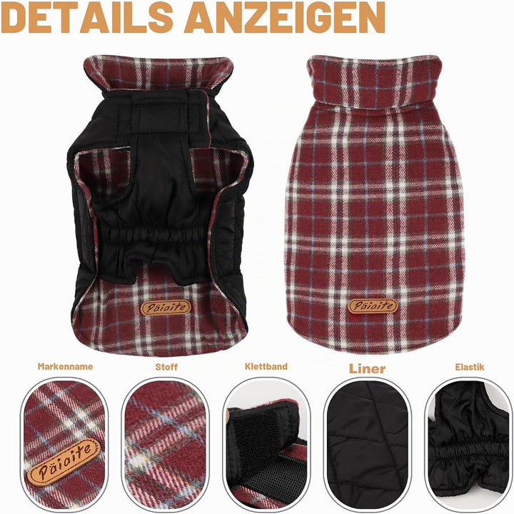 Wendbarer Warmer Hundemantel mit Klettverschlüssen: britischer Stil, Karierte Jacke für den Winter,