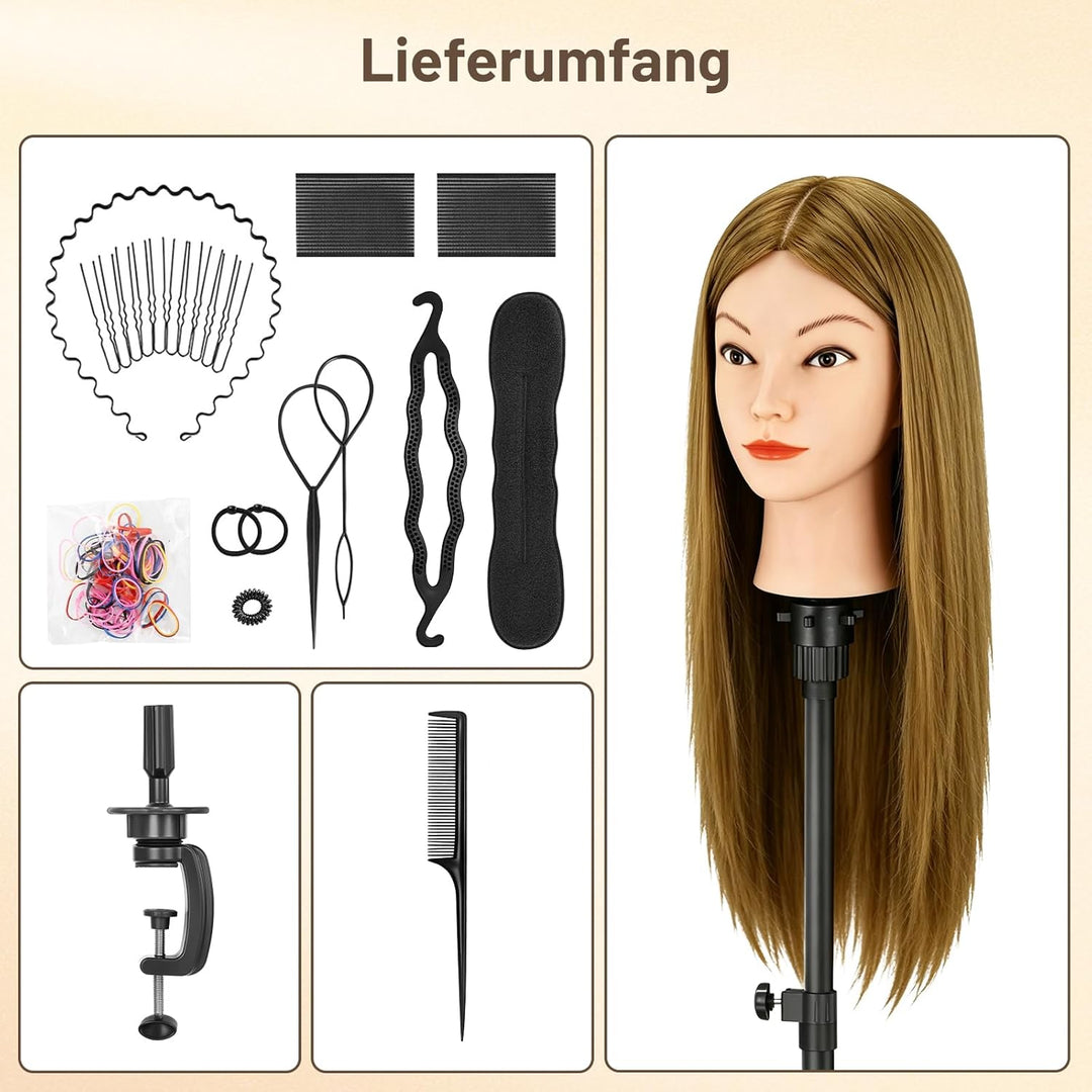 TwoWin Übungspuppe mit braunem Kopf, Echthaar, zum Flechten von Make-up, inklusive Klemmhalter, Brau