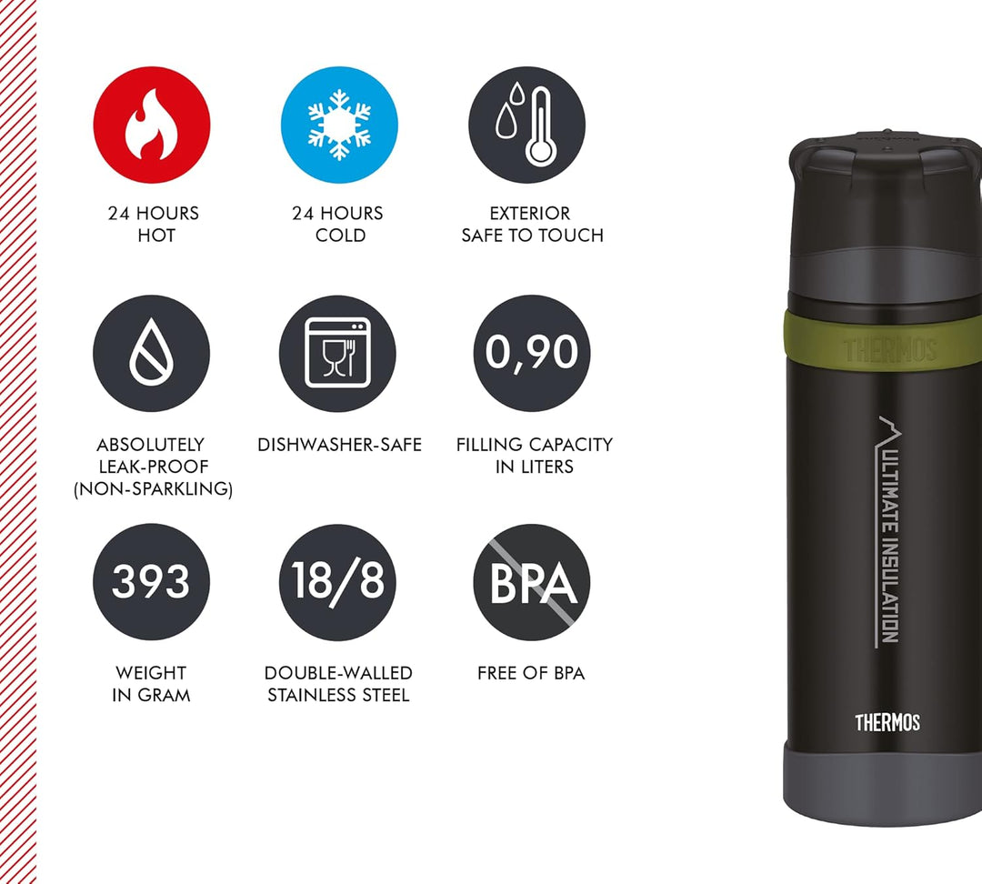 THERMOS MOUNTAIN BEVERAGE BOTTLE 0,9l, black, Thermosflasche Edelstahl mit Trinkbecher, 24 h heiss /