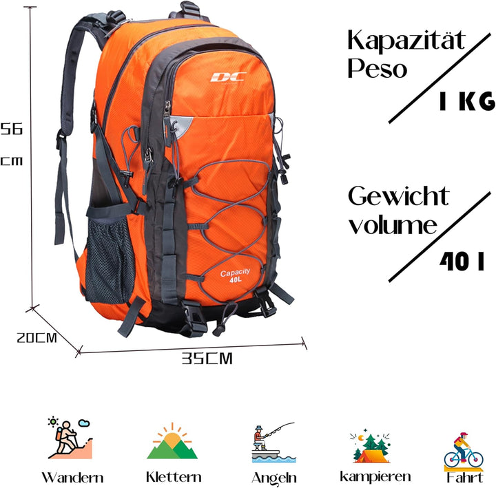 Wanderrucksack 40l Damen Herren Rucksack Wasserdicht Reiserucksack mit Regenschutz Orange, Orange