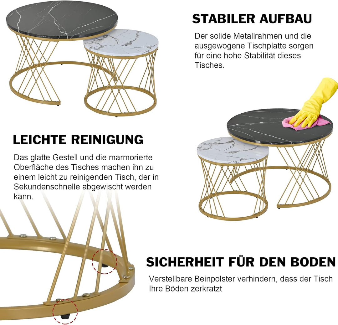 Moderne Rund Couchtisch 2er Set, Beistelltisch-Set, Couchtisch Satz Marmor Furnier Sofa Seite Nest v