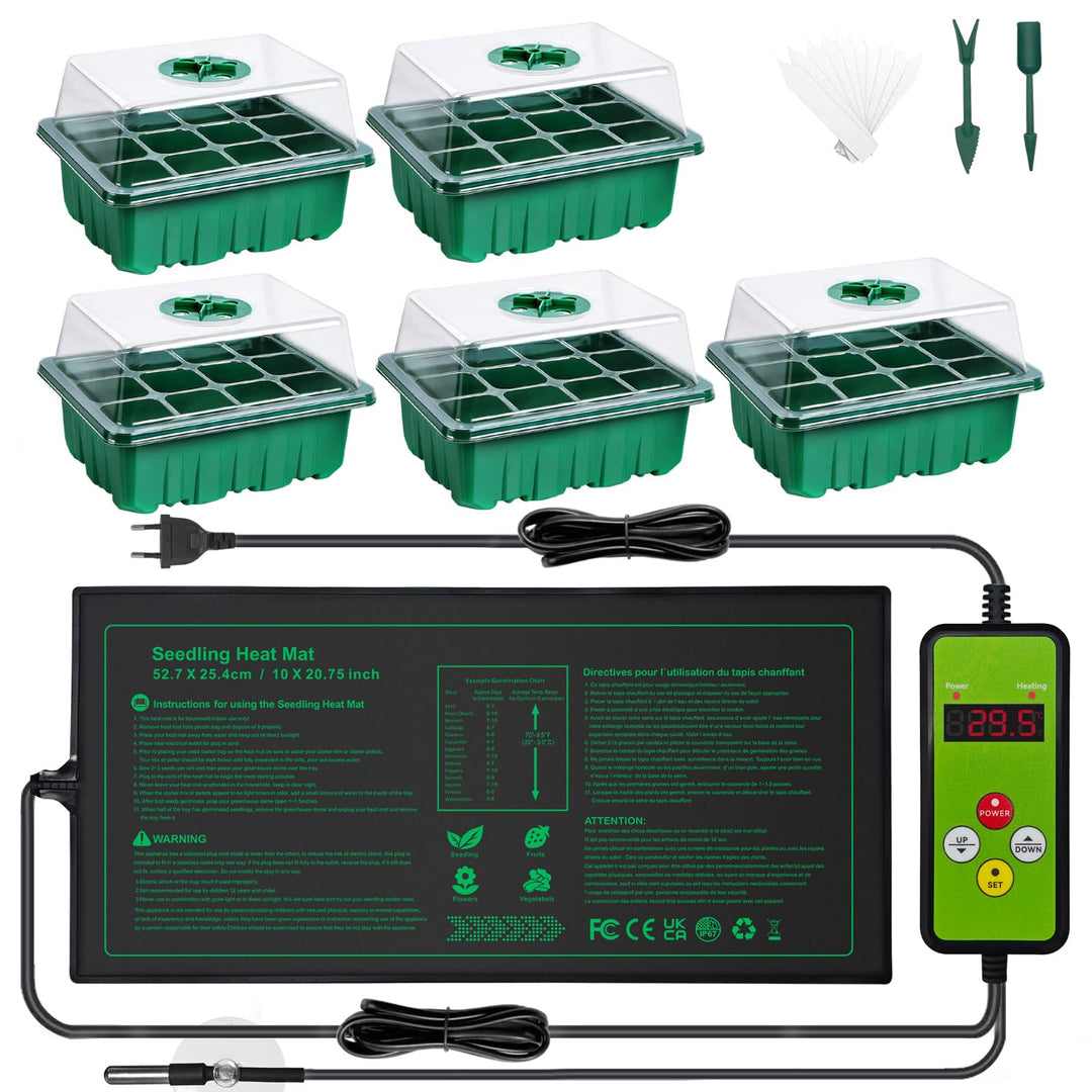 NAMOTEK Pflanzen-Wärmematte mit digitalem Thermostat & 5 Anzuchtplatten Set – Temperaturregelung für