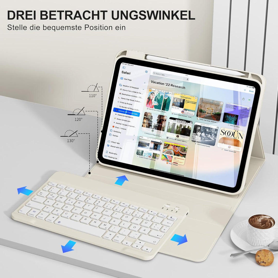 Hülle mit Tastatur für iPad A16 11/10 Generation (2025/2022, 11/10.9 Zoll) - QWERTZ Deutsches Layout