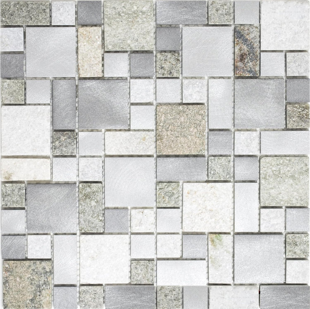 Mosaik Kombination Quarzit/Aluminium mix Aluminium Metall, Mosaikstein Format: 23x23+23x48+48x48x8 m