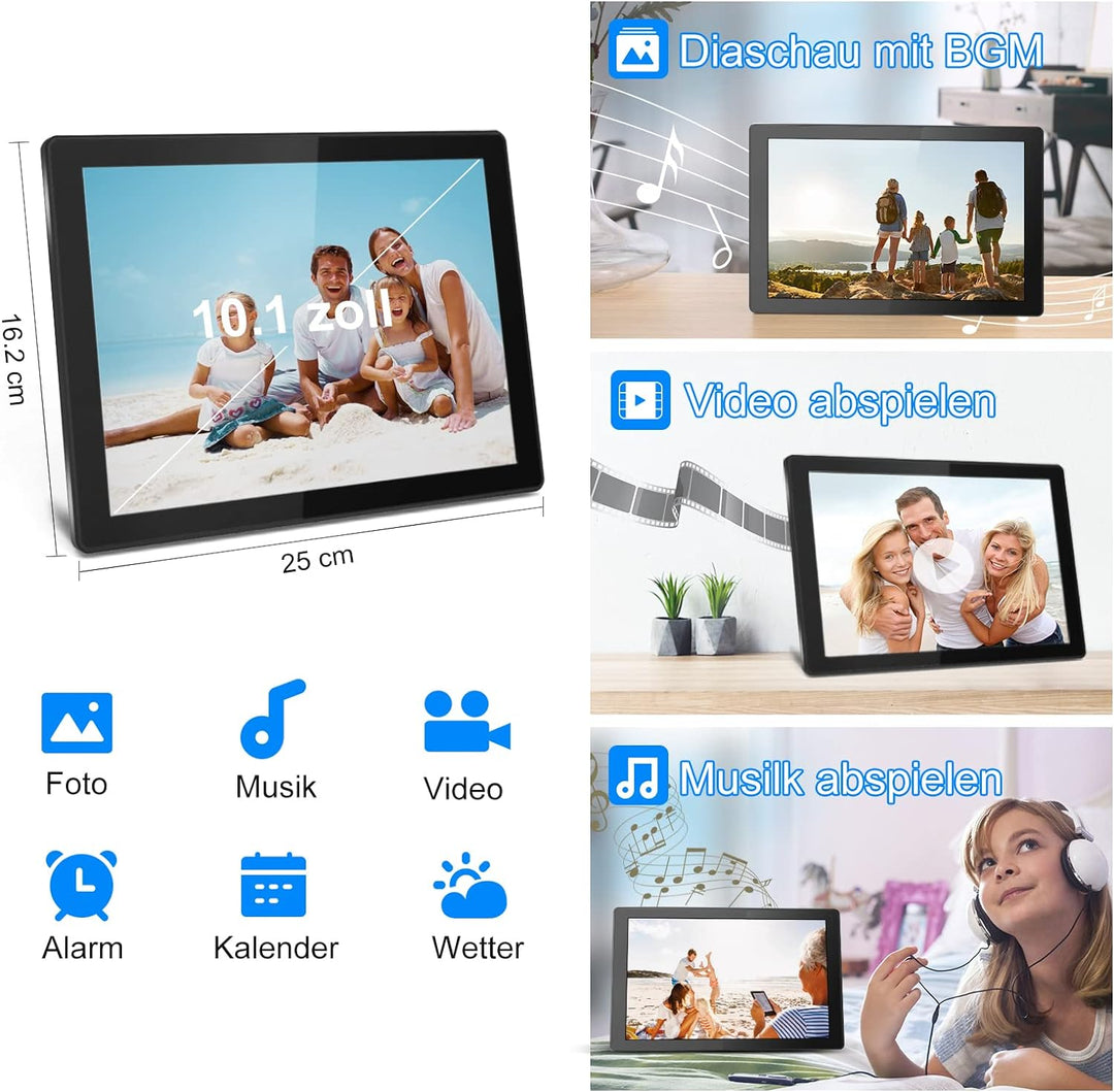 SURFOU Digitaler Bilderrahmen WLAN, 10.1 Zoll IPS HD Touchscreen Elektronischer Fotorahmen 1280P mit