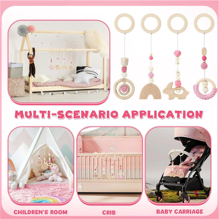 BINYI Spielbogen Baby Spielzeug ab 0 Monate Spielbögen Baby Gym Anhänger Holz 4 Stück Spielebogen Ba