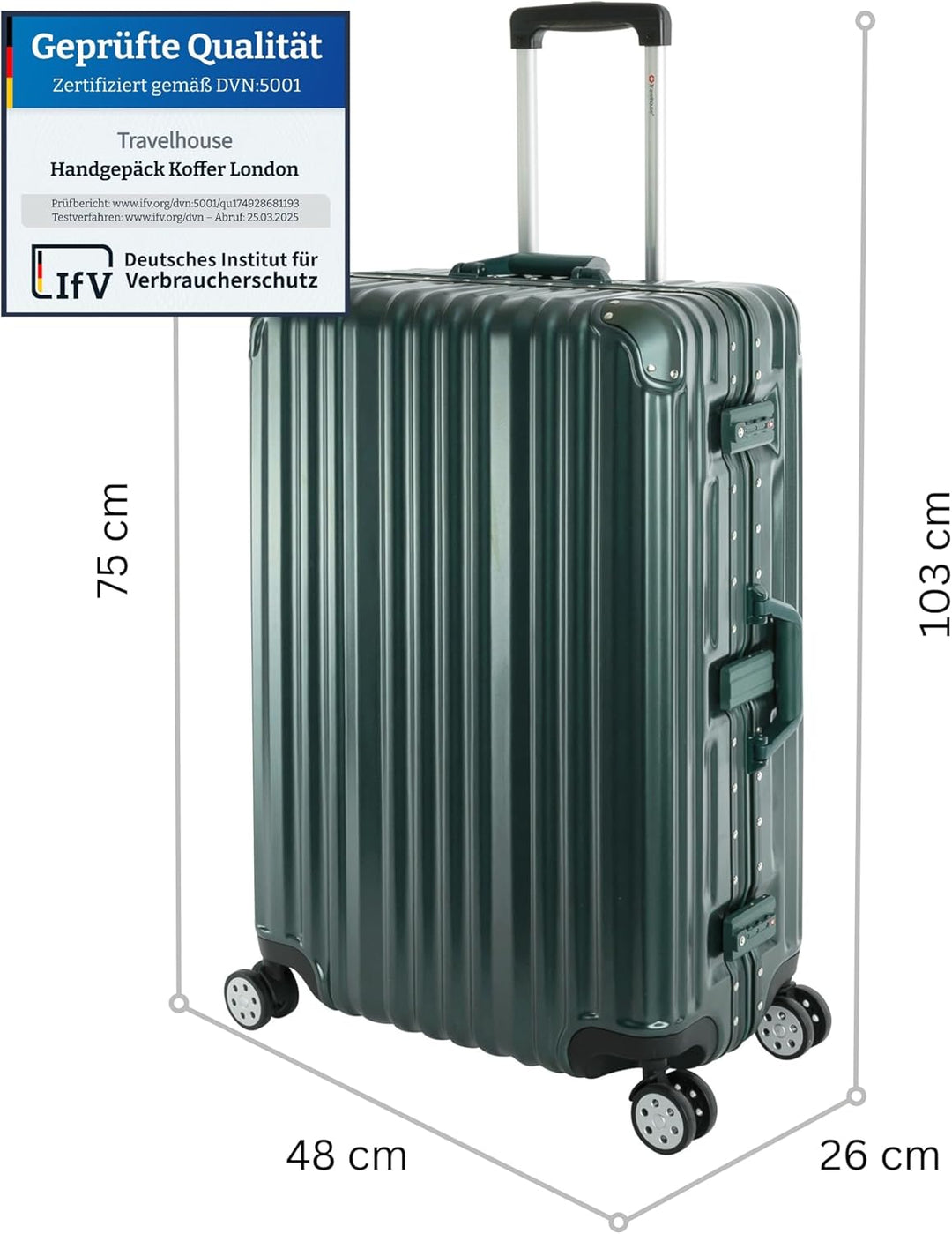 Travelhouse London Koffer Grün L-75cm · Alu-Rahmen · Polykarbonat Hartschale · Trolley Reisekoffer R