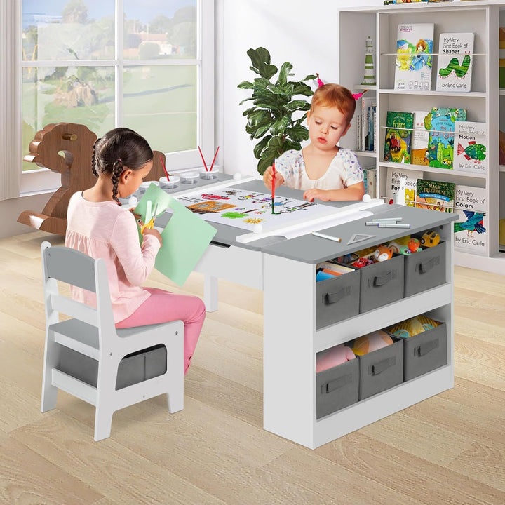 Kinder-Kunsttisch-Set mit 2 Stühlen - Holzerner Aktivitätstisch für Kleinkinder mit Verstellbarer Ti