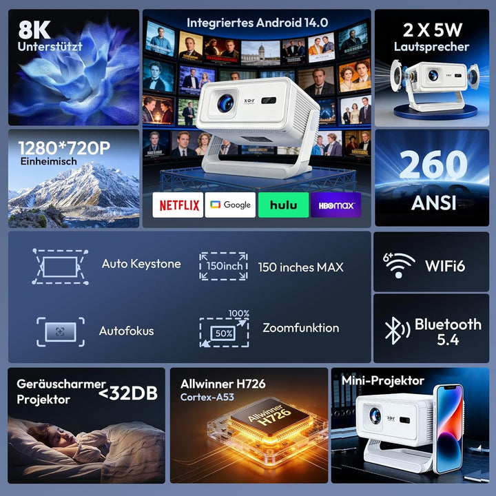Xgody A1 Smart Beamer Heimkino Projector, Unterstützt 4K 1080P Projektor mit WiFi 6 und Bluetooth 5.