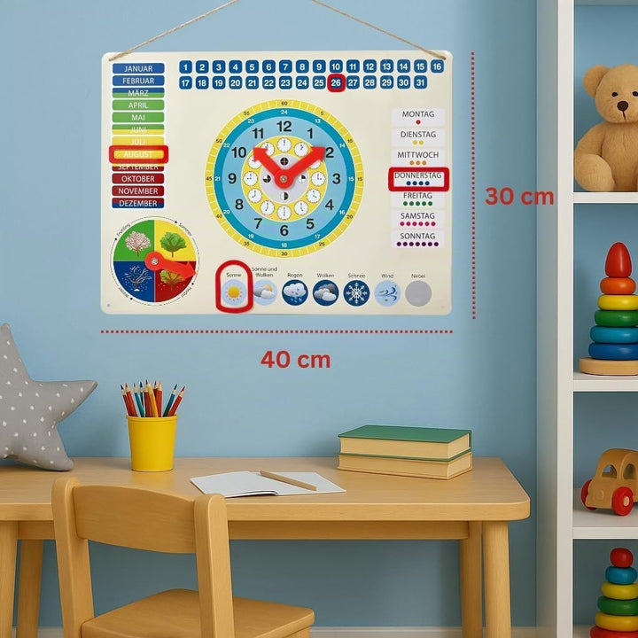 oqono Lernuhr aus Metall mit Magneten für Kinder, Kalenderuhr, farbenfrohe Lerntafel, Wochentage, We