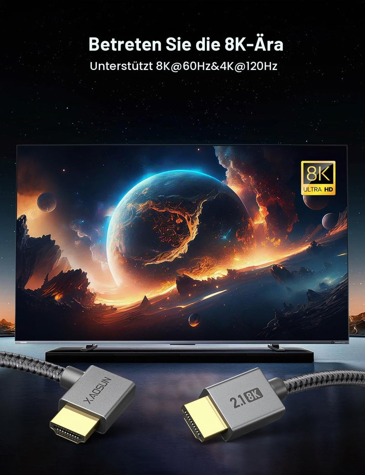 XAOSUN 8K HDMI 2.1 Kabel Winkel 2M, 48 Gbps HDMI Kabel Abgewinkelt 90 Grad, 8K@60 Hz,4K @120Hz [Dyna