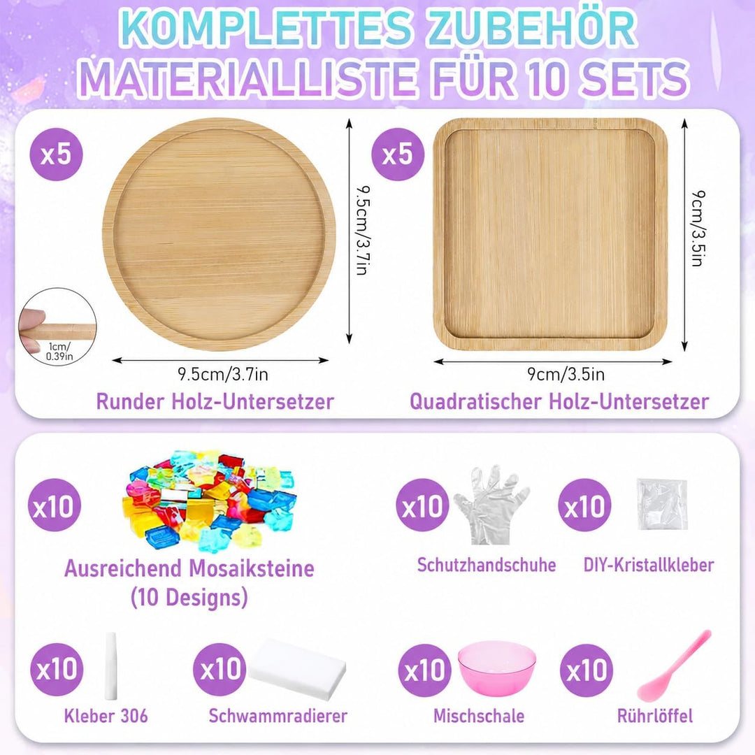 OGMBI 10 Stück DIY Mosaik Untersetzer Bastelset, Bunte Glasfliesen Coaster Set mit Holzuntersetzer,