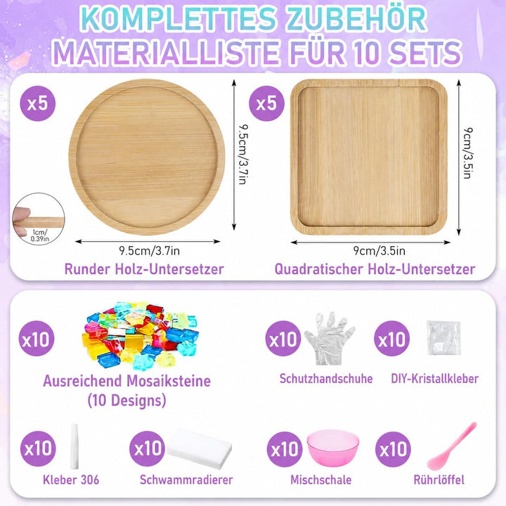 OGMBI 10 Stück DIY Mosaik Untersetzer Bastelset, Bunte Glasfliesen Coaster Set mit Holzuntersetzer,