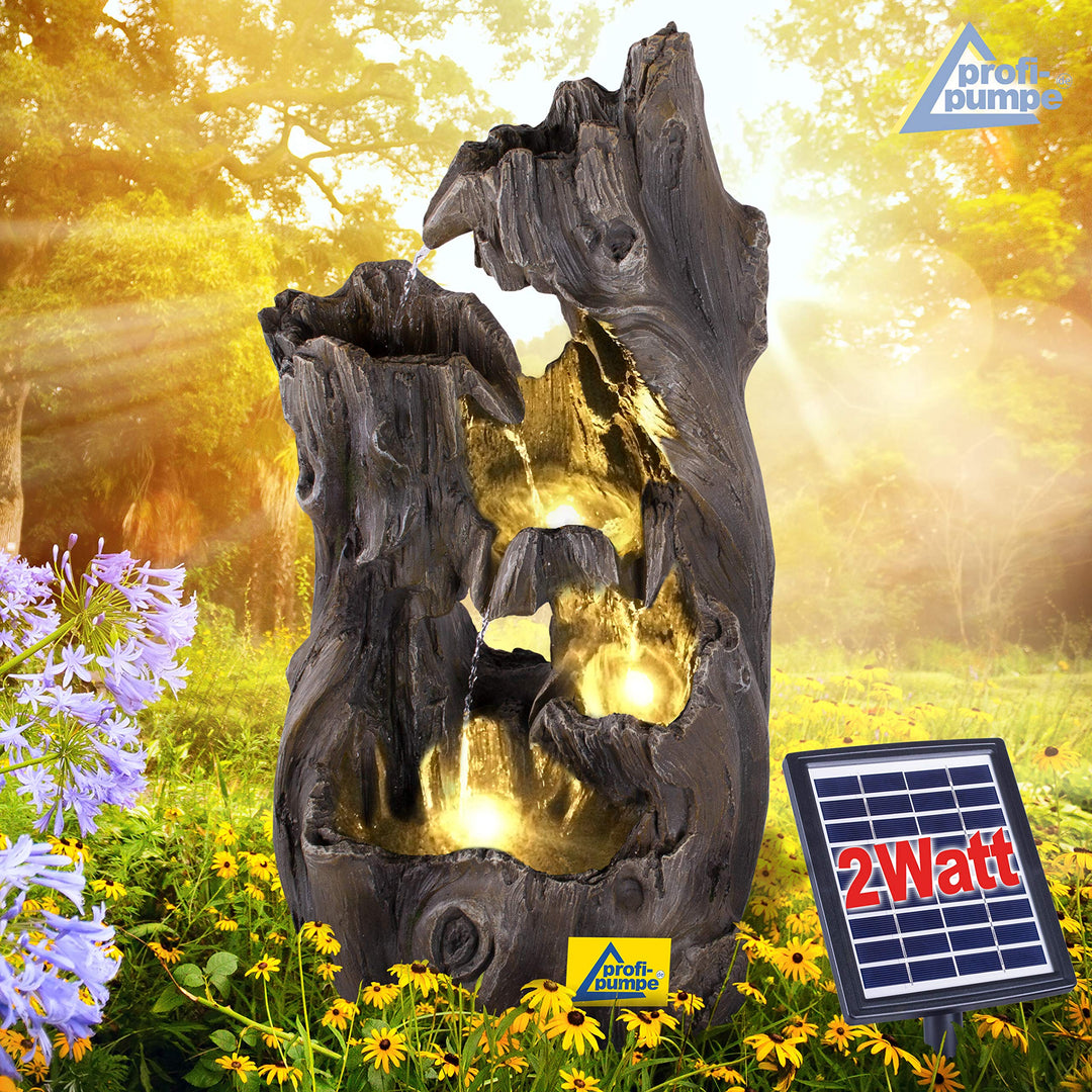 AMUR Solar Gartenbrunnen Brunnen Solarbrunnen Wald-ZAUBER mit LED-Licht, Zierbrunnen Wasserfall Gart