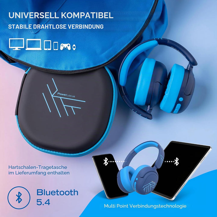 PowerLocus Bluetooth Kopfhörer Kinder, Aktive Geräuschunterdrückung, 70H Spielzeit, 74/85/94dB Siche