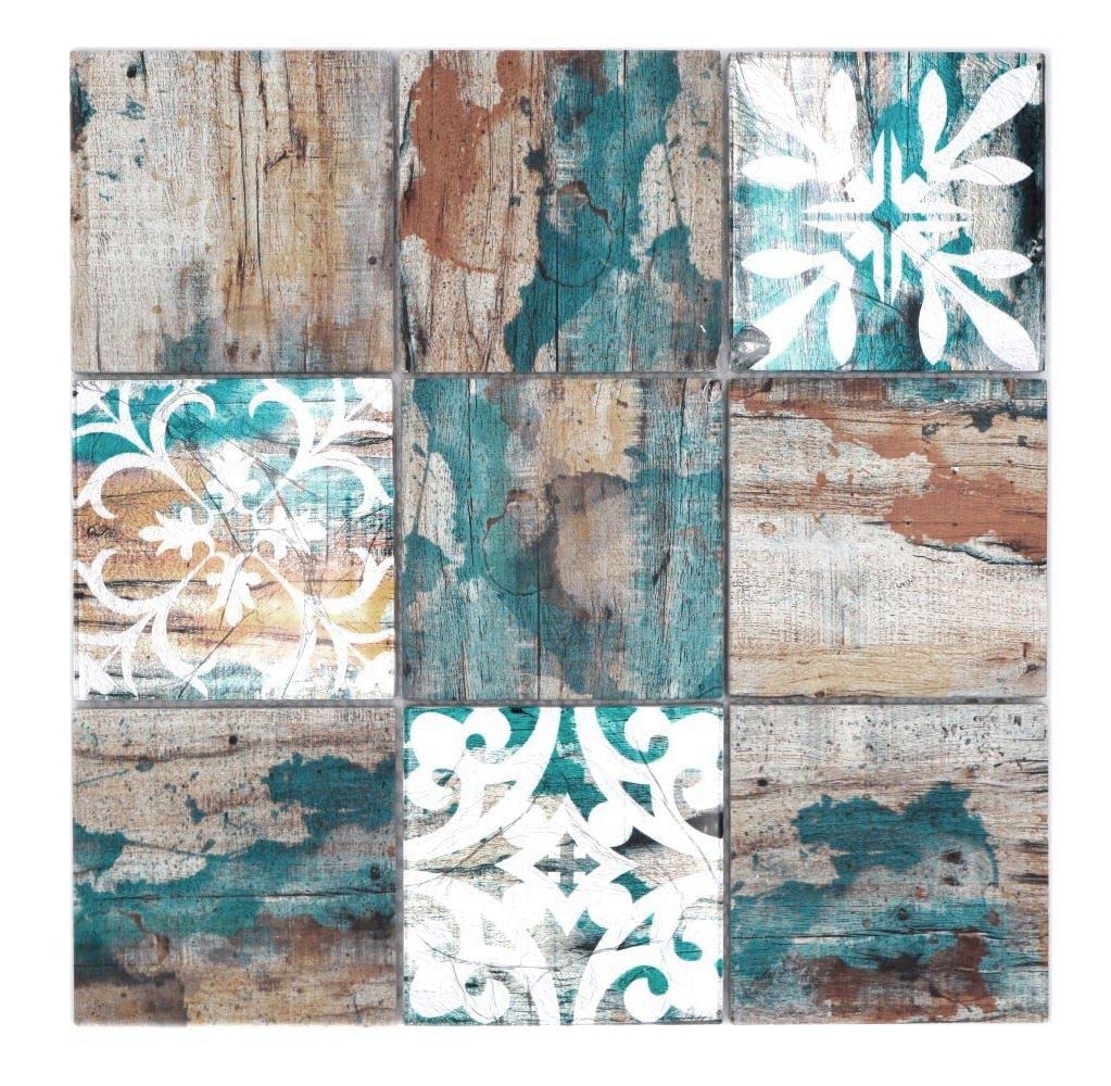 Mosaikfliese Glasmosaik Piastrella Vintage Patchwork beige pertrol Holzoptik Ornament Küchenrückwand