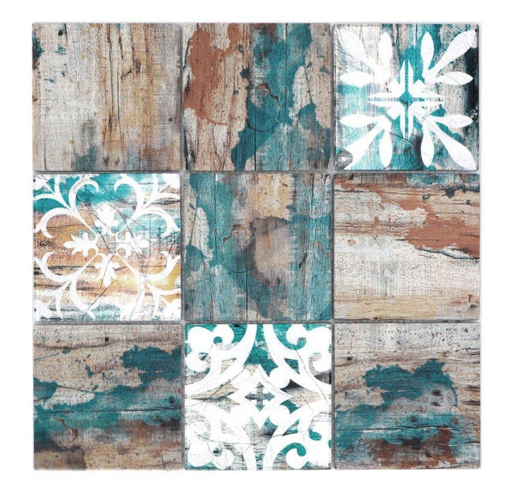 Mosaikfliese Glasmosaik Piastrella Vintage Patchwork beige pertrol Holzoptik Ornament Küchenrückwand
