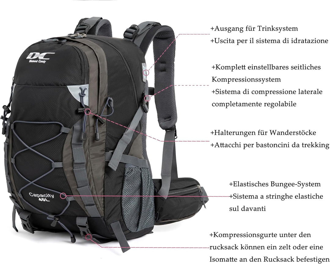 Wanderrucksack 40l Damen Herren Rucksack Wasserdicht Reiserucksack mit Regenschutz Schwarz, Schwarz
