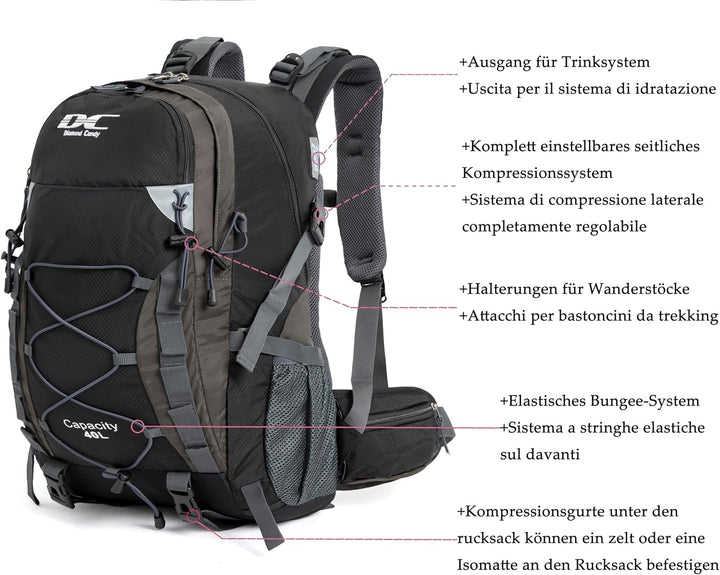 Wanderrucksack 40l Damen Herren Rucksack Wasserdicht Reiserucksack mit Regenschutz Schwarz, Schwarz