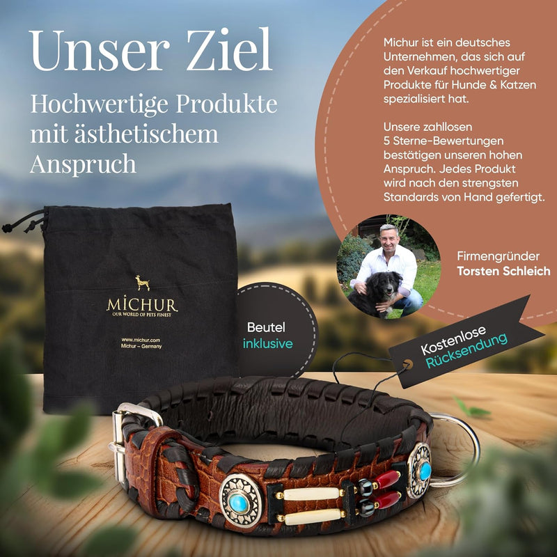 MICHUR Carlota Halsband Indianer, Hundehalsband Leder Braun, Lederhalsband Hund, Halsband, MIT TÜRKI