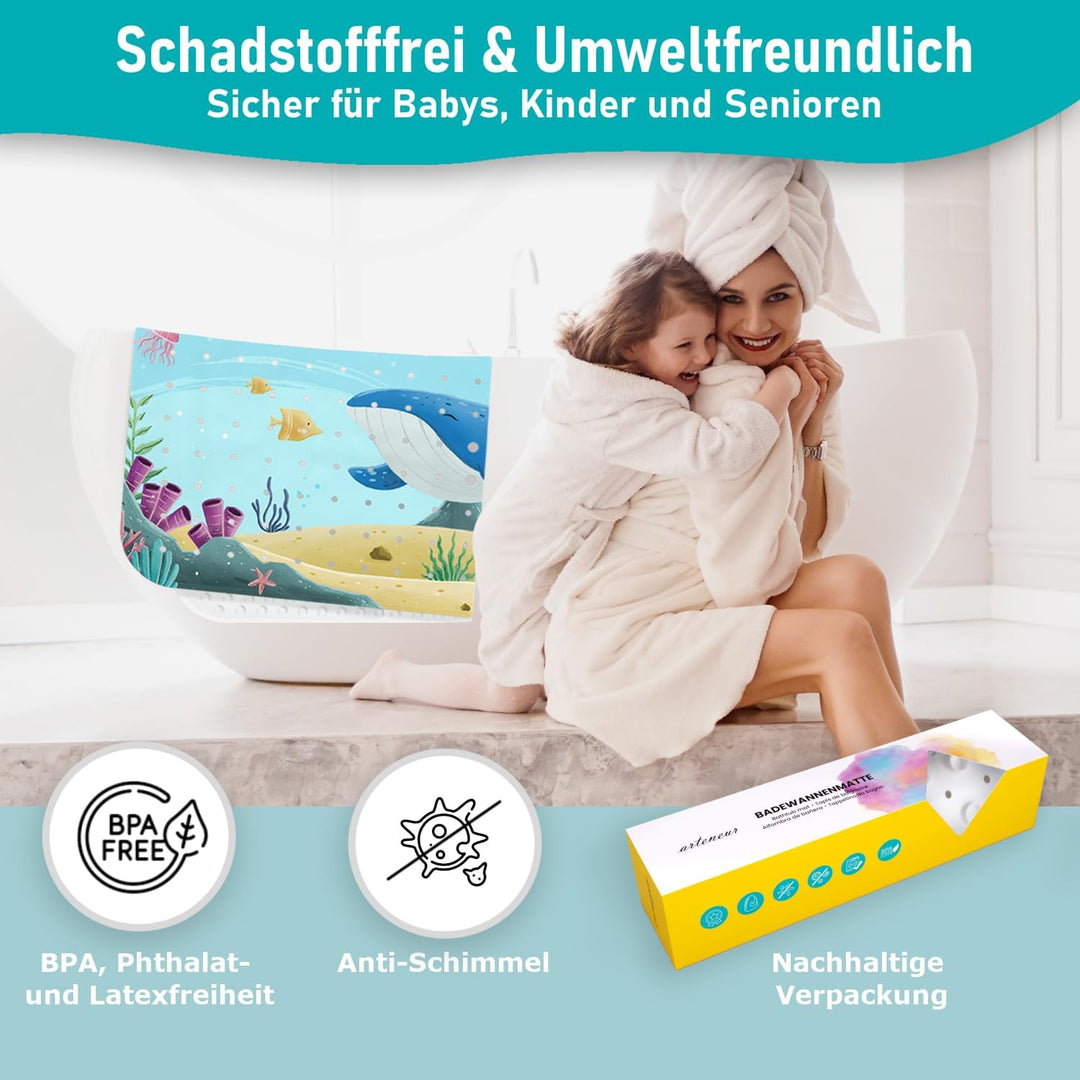 arteneur® - Badewannenmatte 100x40 cm Tiefsee Tango | Badematte rutschfest | Inkl. Aufhängung | Schi
