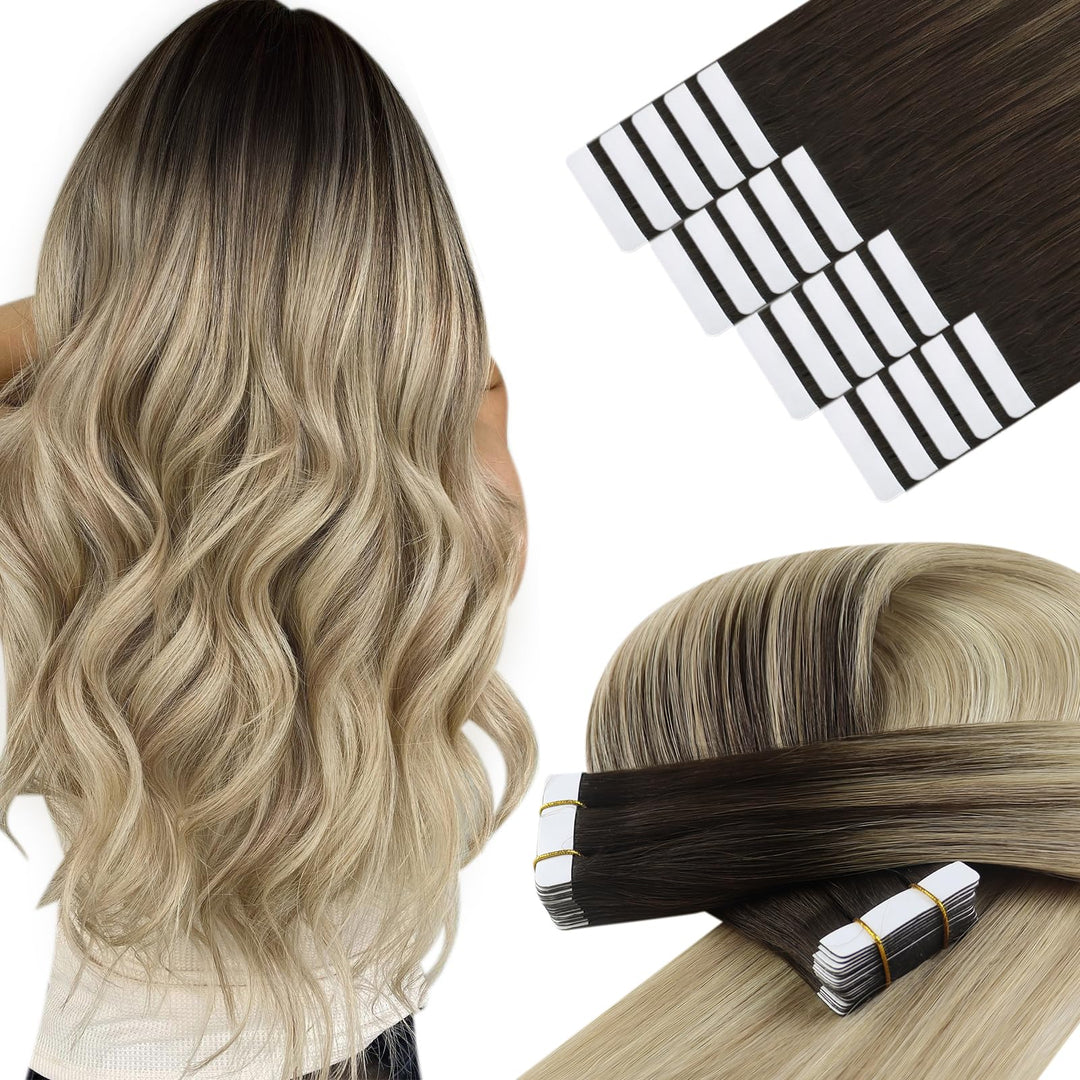 YoungSee Tape Extensions Echthaar Balayage 40 cm Extensions Echthaar Tape Dunkelbraun Ombre Braun Bl