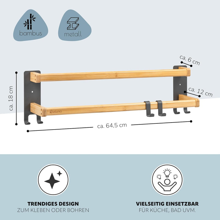 eluno Handtuchhalter 60 cm mit 2 Handtuchstangen und 6 praktischen Haken - mit hochwertigem Klebeban