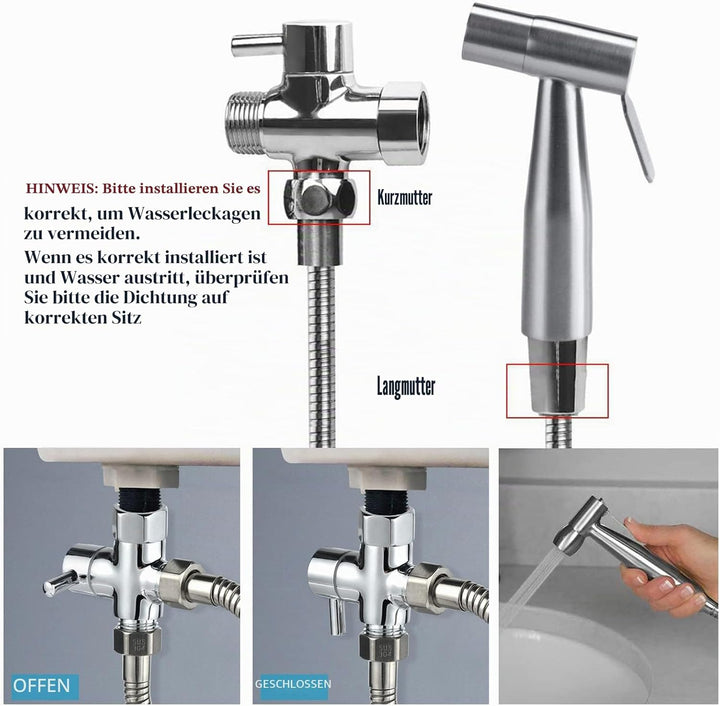 WC-Sprühflasche, Handbrause, Bidet, aus Edelstahl – mit 3-Wege-Ventil (1/2-3/8 Zoll), perfekt für pe