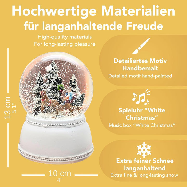 Weihnachts-Schneekugel mit Musik | Schneekugel Kutschfahrt mit Familie | Sockel Nostalgie weiss | 10