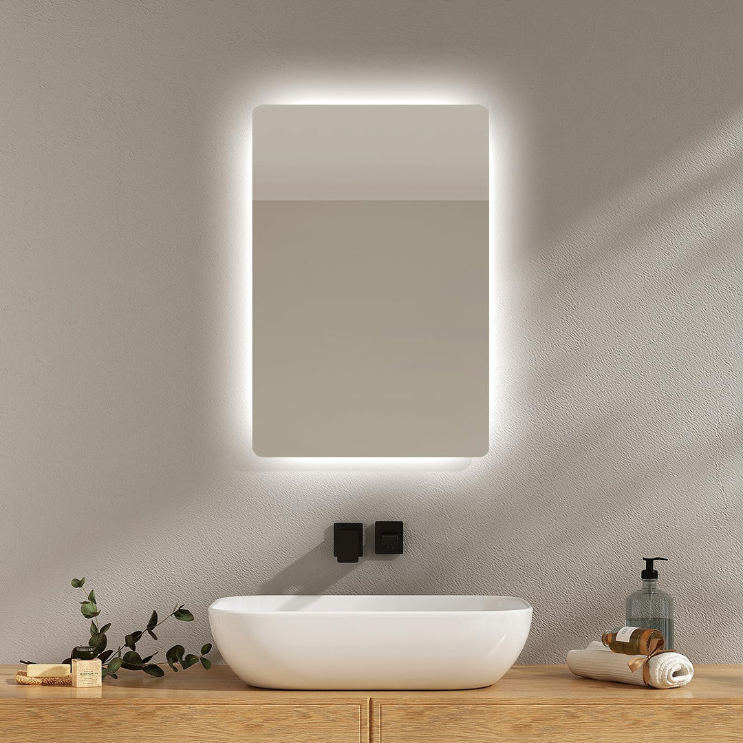 EMKE Badspiegel mit Beleuchtung 40x60cm, Badezimmerspiegel mit Beschlagfrei, 2 Lichtfarbe Warmweiss/