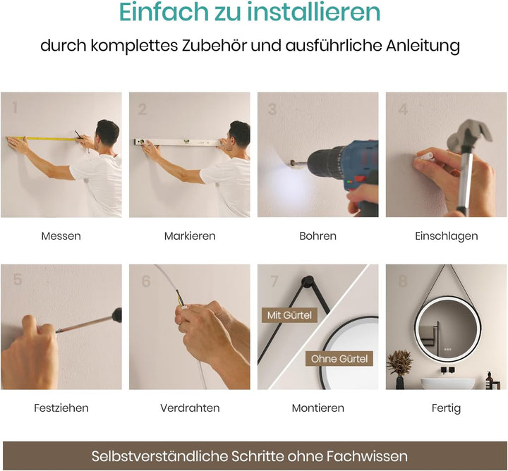 EMKE Badspiegel mit Beleuchtung Rund 50cm, Badezimmerspiegel mit 3 dimmbaren Lichtfarben, Antibeschl