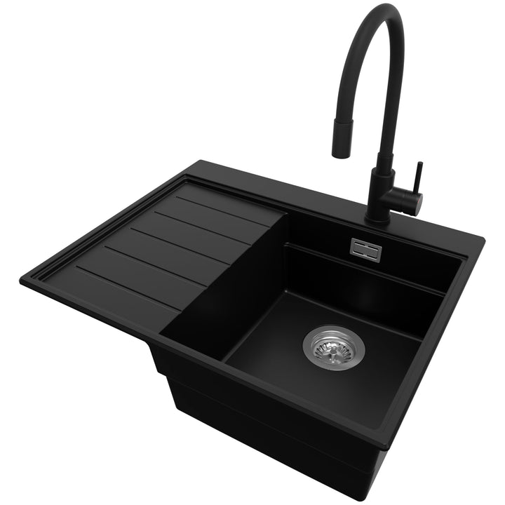 PRIMAGRAN Granitspüle Schwarz 62x50cm, Spülbecken 1 Becken + Küchenarmatur 40x38cm + Ablauf-Set, Küc