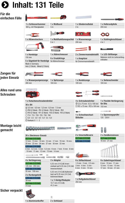 Meister Werkzeugkoffer 131-teilig - Stabiler Alu-Koffer -Set - Für Haushalt, Garage & Werkstatt / Pr